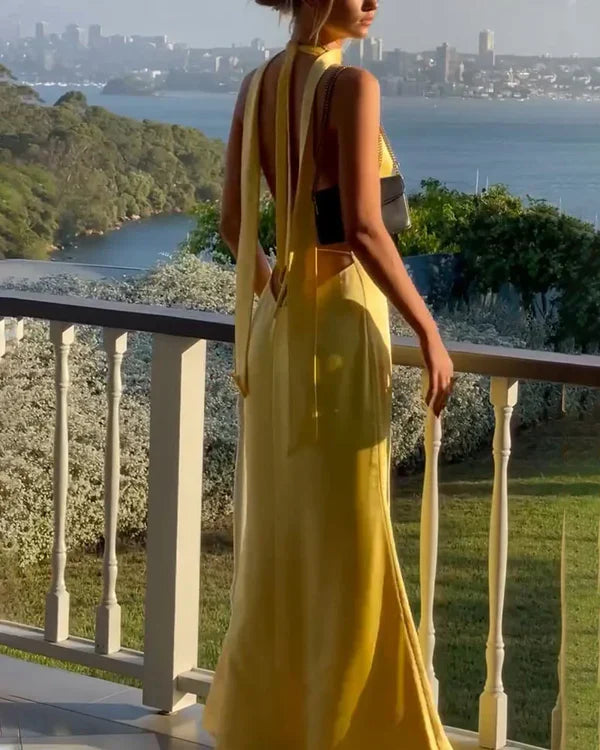 Yellow Deep V Neck Backless Sheath Long Party Dress Prom Dresses fg7132 - View 3 | VelvetHem