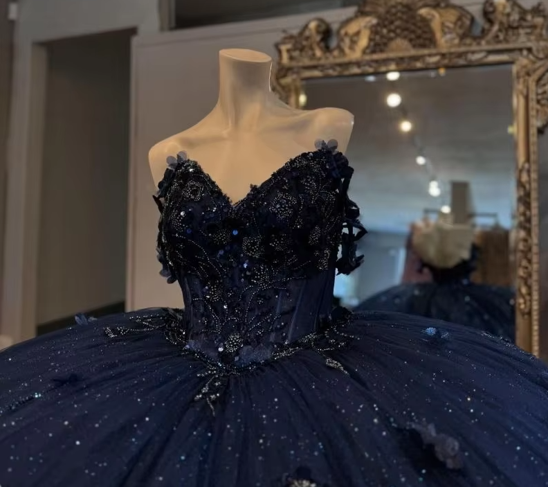 Mexico Navy Quinceanera Dress Ball Gown Floral Appliques Beaded Crystal Corset Sweet 16 Vestido De 15 Anos fg6839 - View 2 | VelvetHem