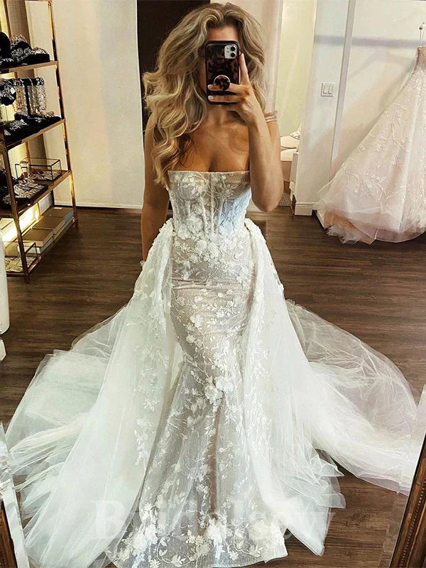 Charming Strapless Mermaid Princess Beach Vintage Long Wedding Dresses, Bridal Gown fg6958 - View 2 | VelvetHem