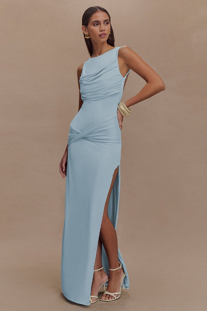 Ruched Split Backless Maxi Dress - View 10 | VelvetHem