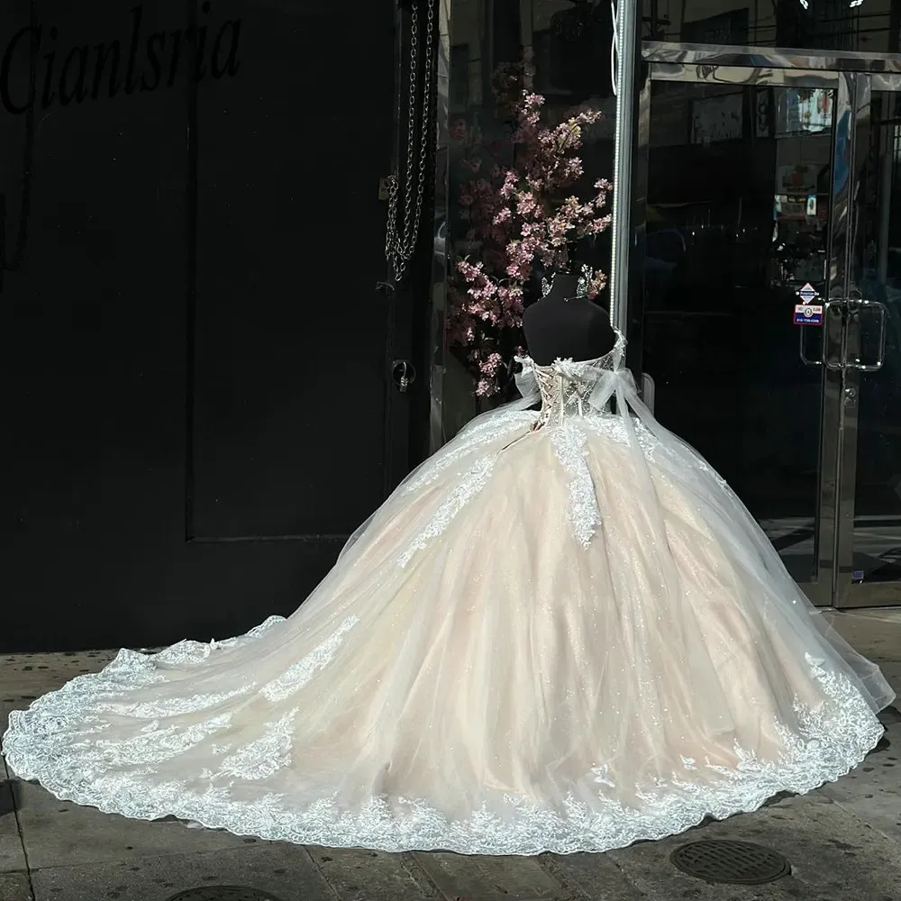 Shimmering Champagne Beaded Pearls Illusion Ball Gown Quinceanera Dress fg6836 - View 2 | VelvetHem