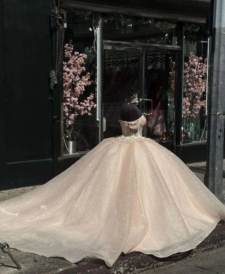 Shimmering Champagne Princess Quinceanera Dress with Off-the-Shoulder Glitter Corset for Sweet 16 Prom fg6833 - View 3 | VelvetHem