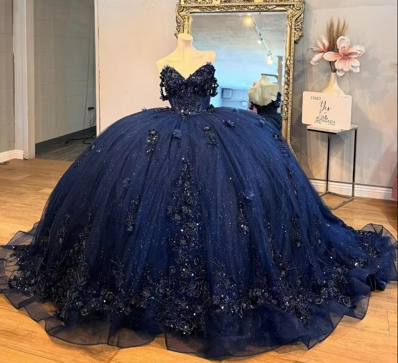 Mexico Navy Quinceanera Dress Ball Gown Floral Appliques Beaded Crystal Corset Sweet 16 Vestido De 15 Anos fg6839 - VelvetHem