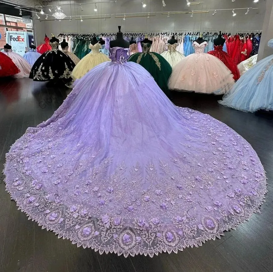 Mexico Purple Sweetheart Quinceanera Dress Beaded Appliques Corset Prom Dress 3D Flowers Ball Gown Sweet 16 Robe De Bal fg6842 - View 2 | VelvetHem