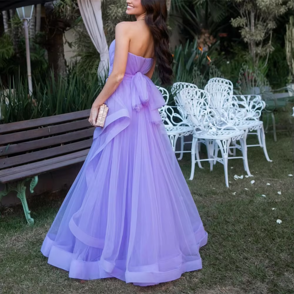 Lavender Tulle Long Dresses Wedding Party Ruffles Strapless Prom Dresses Formal Occasion Dress fg6856 - View 2 | VelvetHem