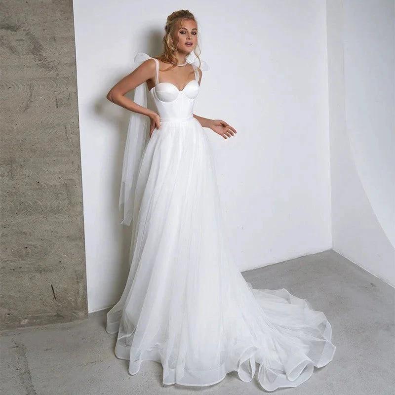Simple White Tulle Wedding Dresses Boho Bow Spaghetti Straps A-Line Beach Wedding Party Gowns Abito Da Sposa 2021 (ZD13492)