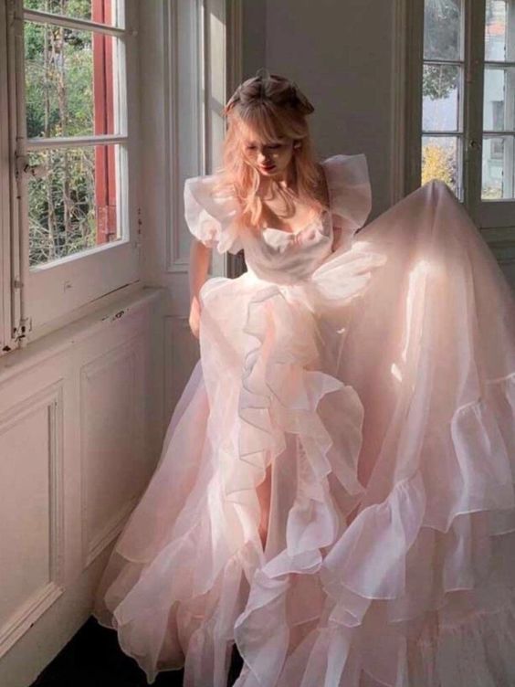 Pink A-Line Organza Long Prom Dress Engagement Dress with Puff Sleeves - View 3 | VelvetHem