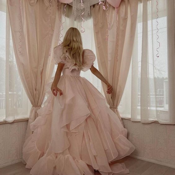 Pink A-Line Organza Long Prom Dress Engagement Dress with Puff Sleeves - View 2 | VelvetHem