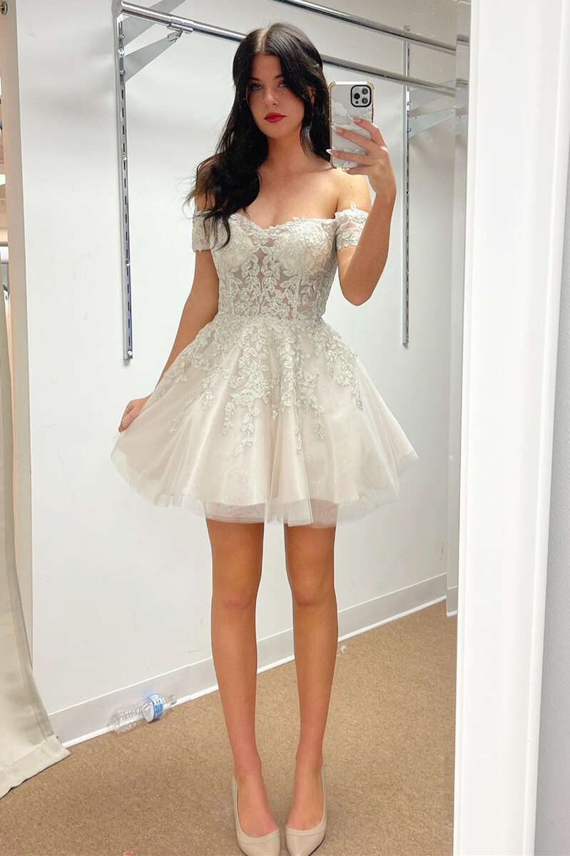 Ivory Lace Off-the-Shoulder A-Line Short Dress Homecoming Dress