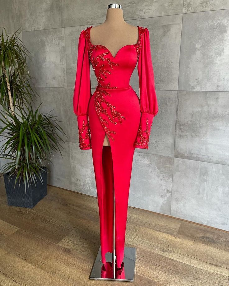 Red long sleeves fashion prom dress - VelvetHem