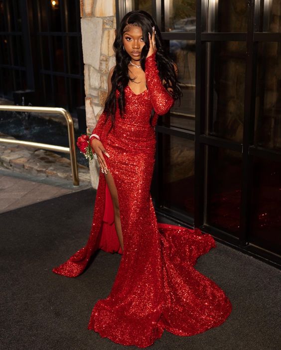 Red Sequins Long Prom Dress - VelvetHem