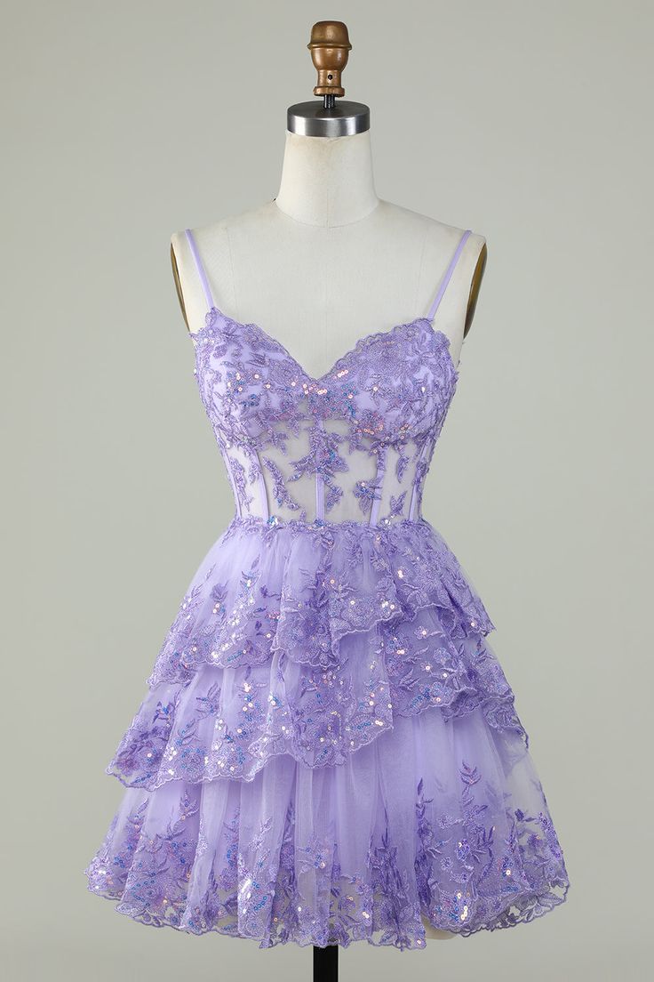 Straps Lavender Sequins Corset Layered Homecoming Dress - VelvetHem