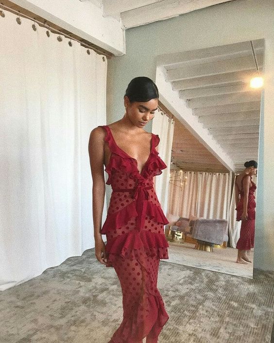 Burgundy Polka dots fashion prom dress Evening Gown Party Dress - VelvetHem