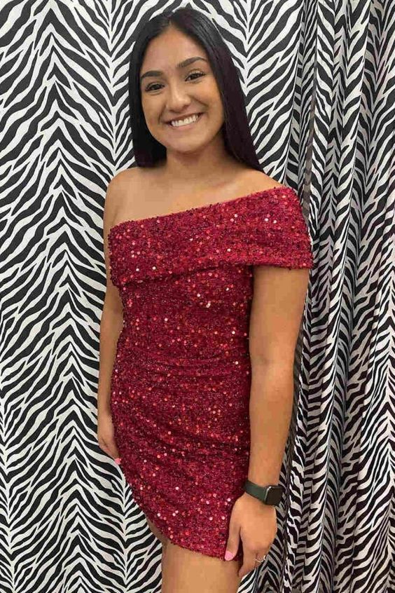 Burgundy Sequins One Shoulder Homecoming Dress - VelvetHem