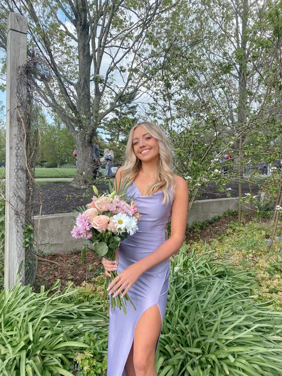 light purple prom dress long slit prom dress