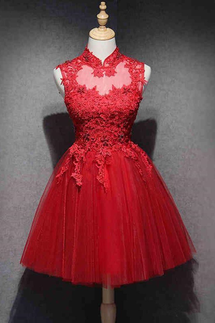 High Neck Red Lace Short Prom Dress, Red Lace Homecoming Dress, Red Formal Graduation Evening Dress - VelvetHem