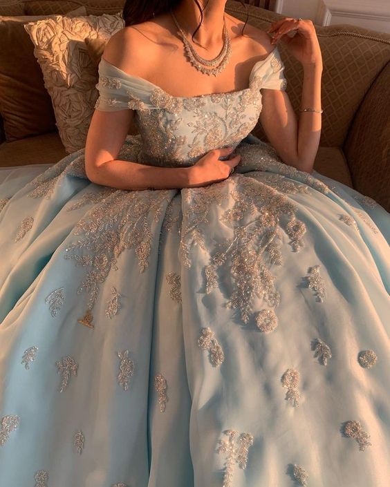 Light Blue Off The Shoulder Long Prom Dress Ball Gown - VelvetHem