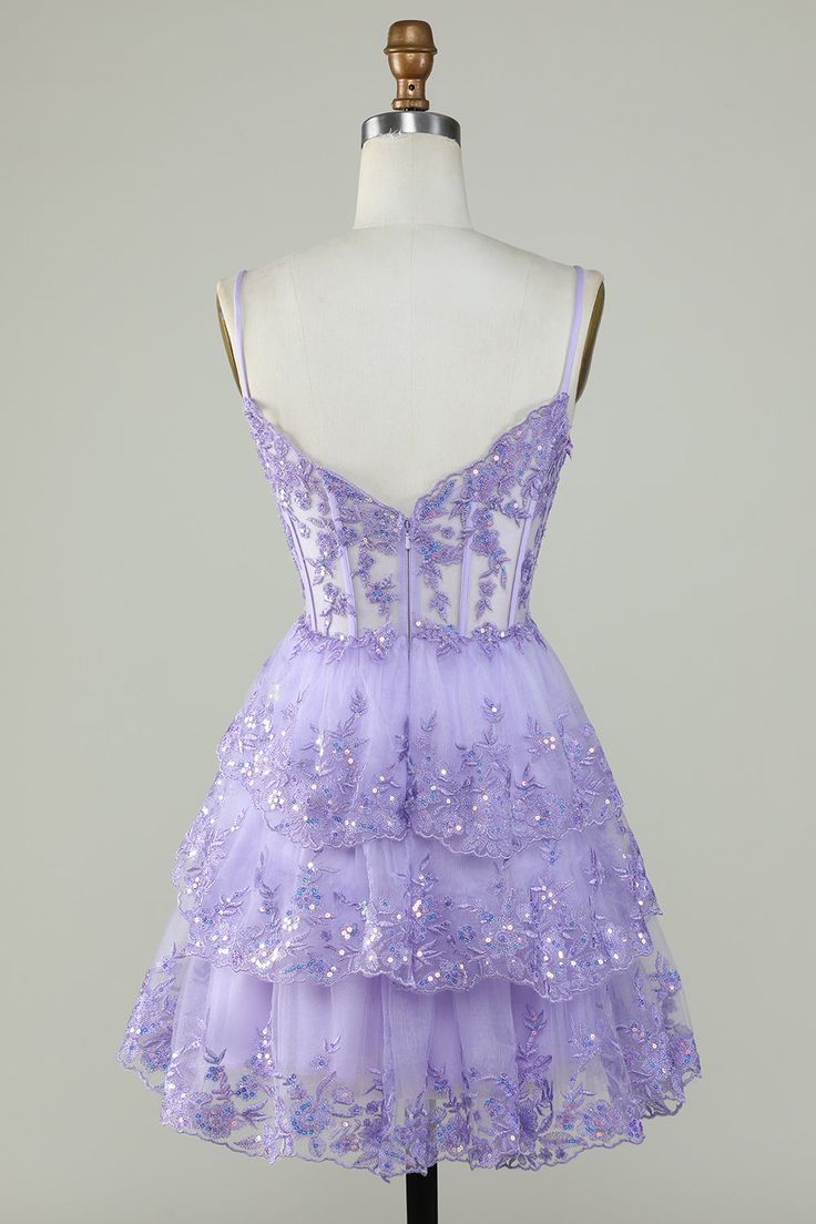 Straps Lavender Sequins Corset Layered Homecoming Dress