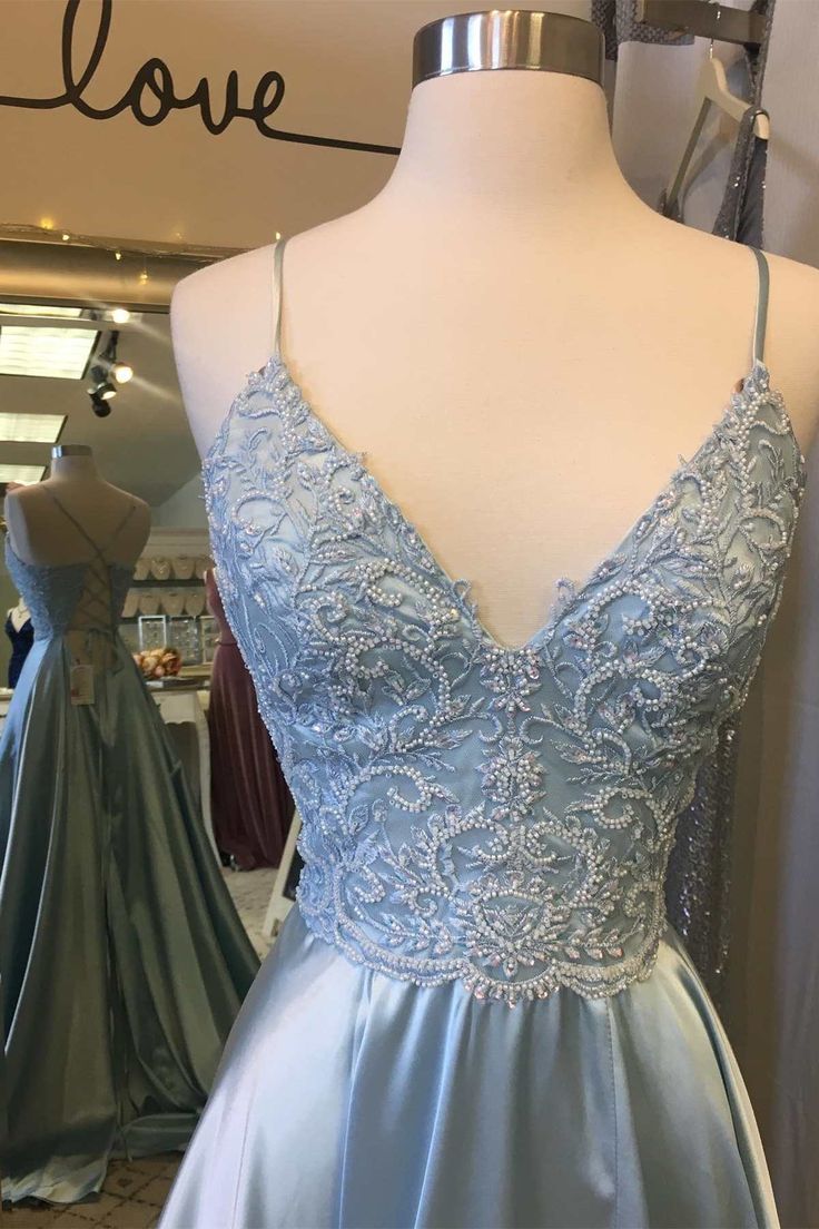 Light Blue Lace Lace-Up Back A-Line Prom Dress with Slit - View 3 | VelvetHem