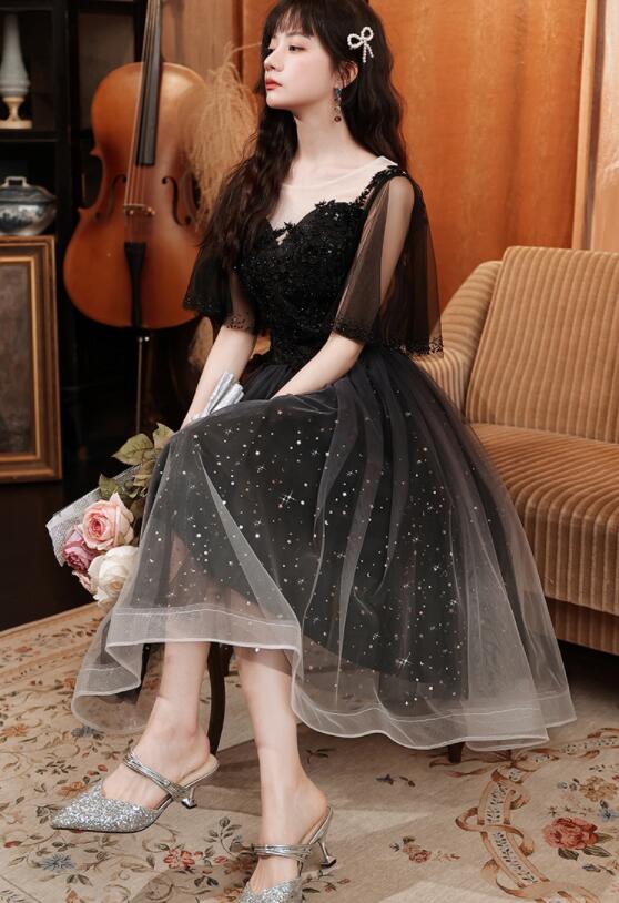 Black Short Sleeves Gradient Tulle And Lace Party Dress, Lovely Black Formal Dresses Bridesmaid Dress