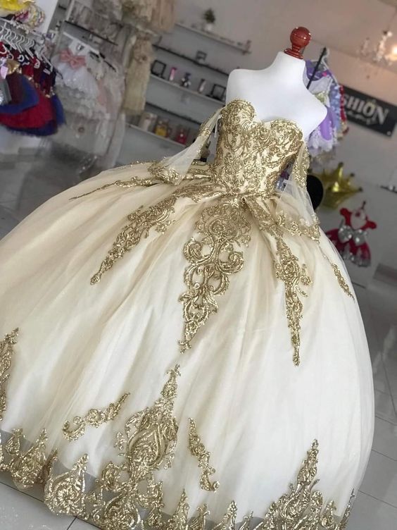 Gold Lace Off The Shoulder Long Prom Dress Ball Gown - VelvetHem
