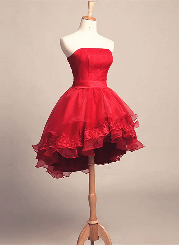 Cute Red Tulle and Lace High Low Homecoming Dress, Short Party Dress - VelvetHem