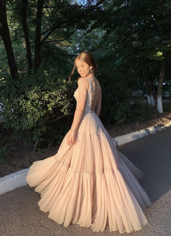 A line light champagne long prom dress, fashion evening dress