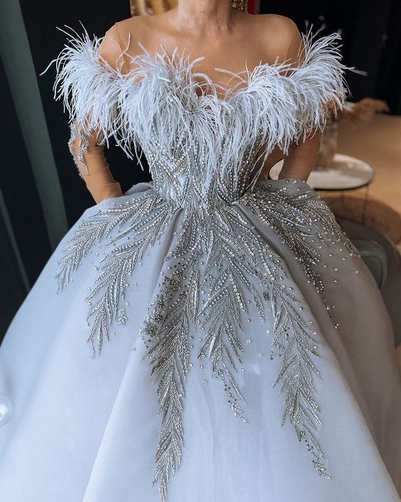 White Off The Shoulder Sexy Long Prom Dress with feather - VelvetHem