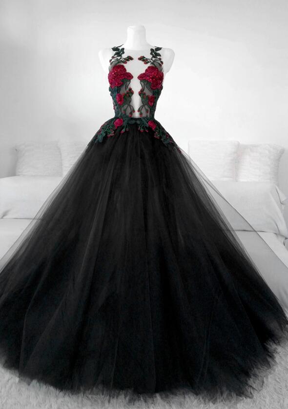 Beautiful Black Tulle With Lace Applique Long Formal Gown, Black Party Dresses