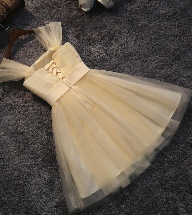 Lovely Champagne Tulle Cute Teen Homecoming Dress with Bow, Straps Tulle Formal Dresses