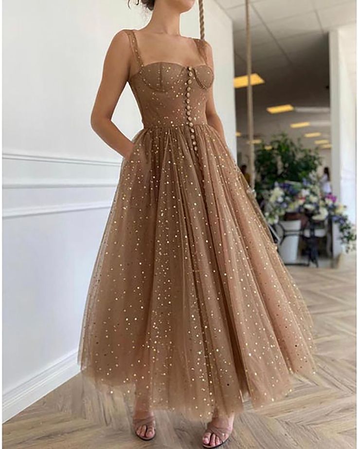 Khaki Vintage Tea Length Sweetheart Tulle Prom Dress