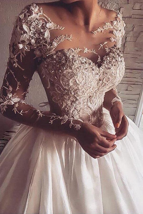 Illusion Jewel Neck Long Sleeves Sweep Wedding Dress With Appliques