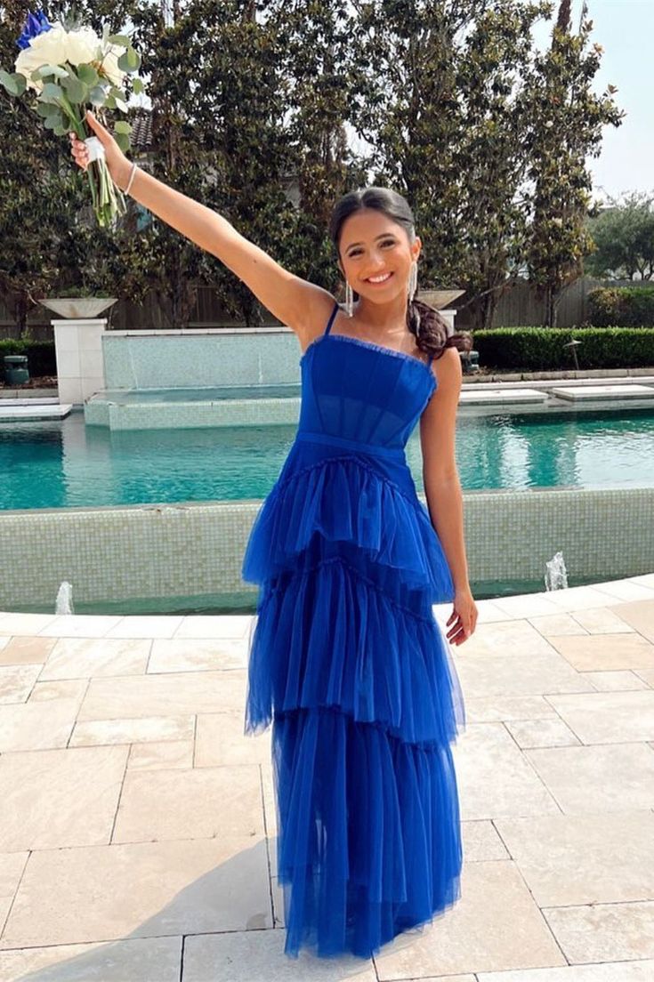 Princess Royal Blue Tiered Tulle Prom Dress Formal Dress - VelvetHem