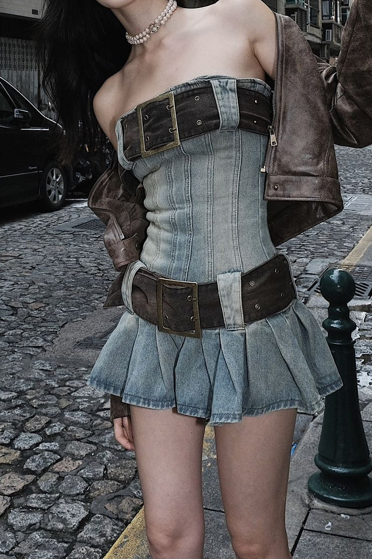 Retro Belted Denim Dress - VelvetHem