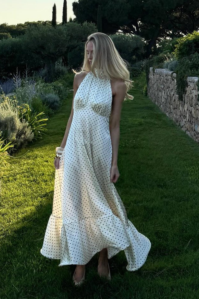 Polka Dot Backless Satin Maxi Dress - View 3 | VelvetHem