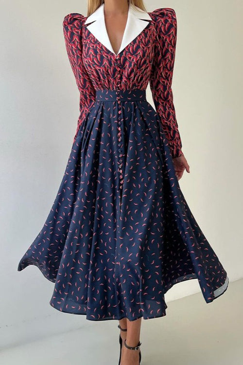 Contrast Collar Long Sleeve A Line Floral Dress