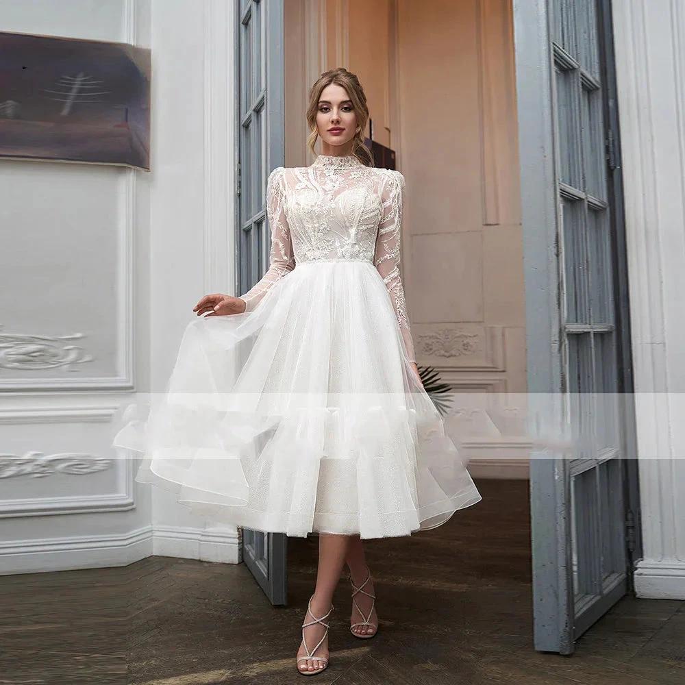 High Collar With Sleeve Luxury Applique Wedding Dress Short Tulle Custom Elegant Tea Length Bride Gown Button Vestidos (ZD13504) - VelvetHem
