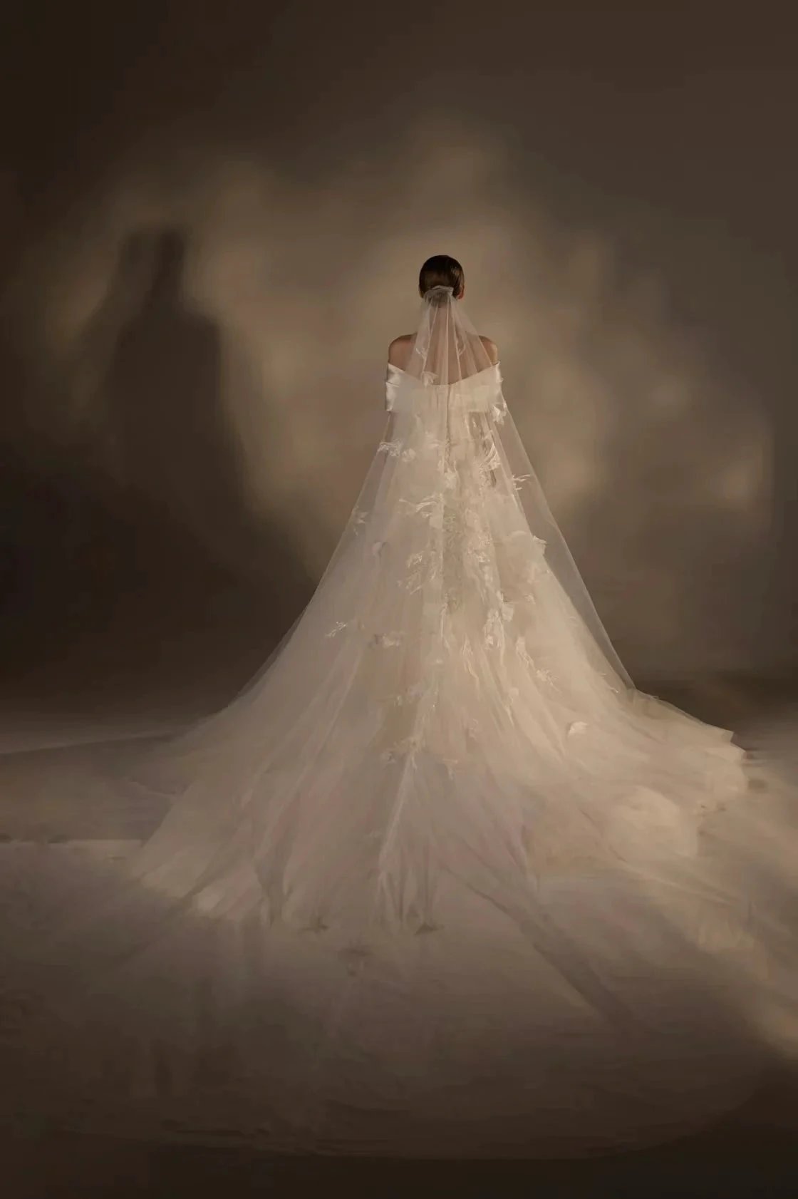 Gorgeous Long Ball Gown Off-the-Shoulder Satin & Tulle Wedding Dress with 3D Embroidery & Cathedral Train (ZD16909)