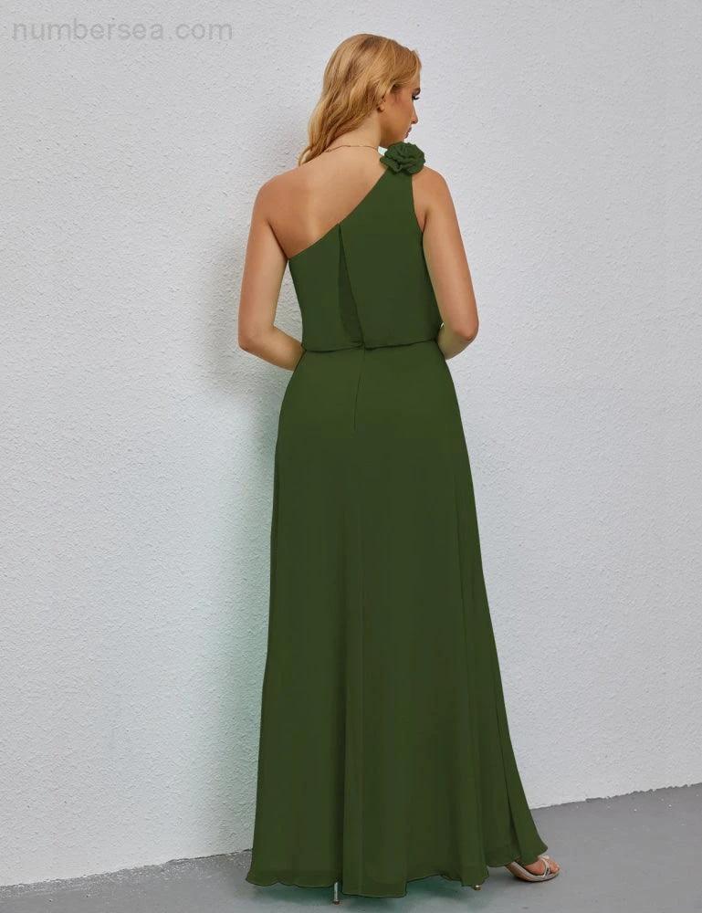 Ruffled One Shoulder Sleeveless Long Bridesmaid Dresses A-line Formal Evening Gown Side Split 28080 (ZD17018)
