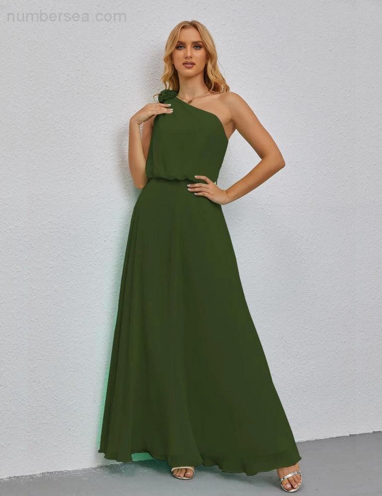 Ruffled One Shoulder Sleeveless Long Bridesmaid Dresses A-line Formal Evening Gown Side Split 28080 (ZD17018)