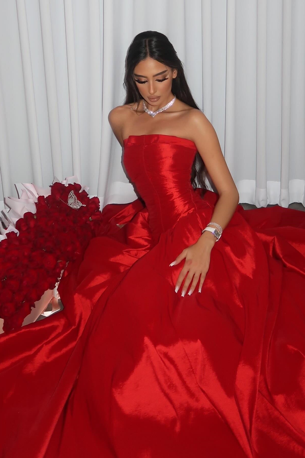 Princess A Line Strapless Red Long Party Dress with Ruffles - View 9 | VelvetHem