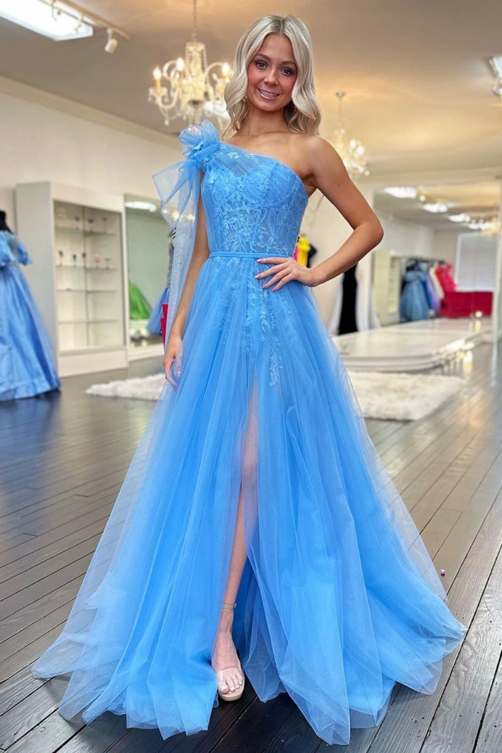 Charming A Line One Shoulder Blue Long Prom Dress with Appliques