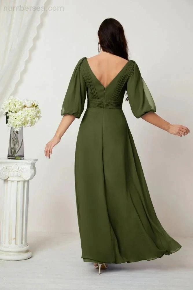 ZapDress Formal Prom Gown Women V-Neck Chiffon Bridesmaid Dresses Long Bishop Sleeve Party Dress 2807 (ZD17027)