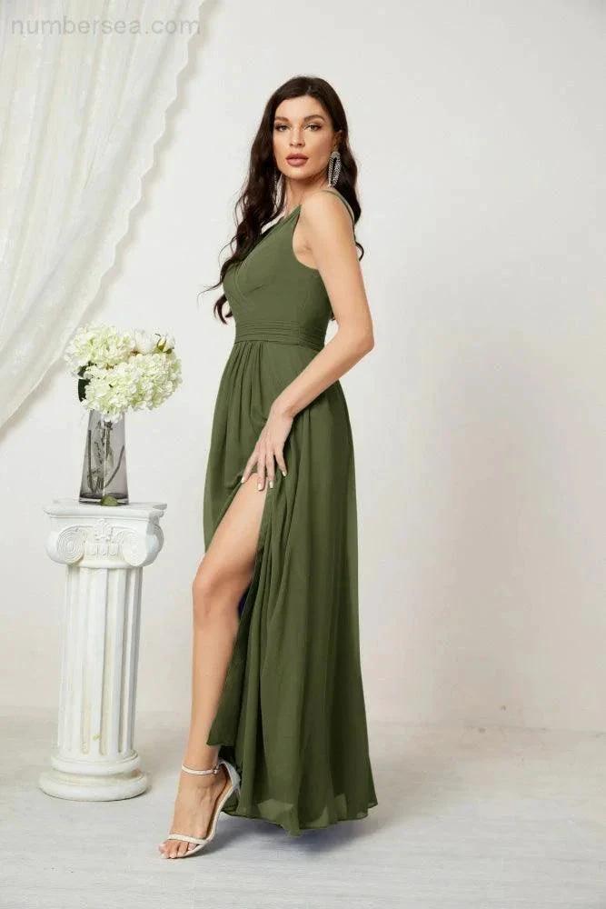 ZapDress Chiffon V-Neck Bridesmaid Dress Spaghetti Strap Long Formal Party Prom Gowns with Slit 28010 (ZD17028)