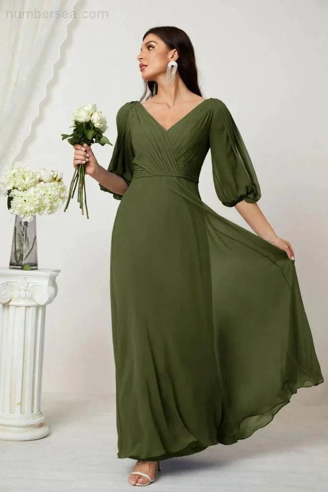 ZapDress Formal Prom Gown Women V-Neck Chiffon Bridesmaid Dresses Long Bishop Sleeve Party Dress 2807 (ZD17027)