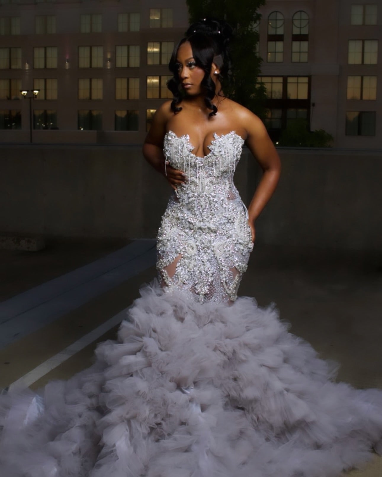 The Silver Cloud - 2026 Crystal Beaded Mermaid Gown: Sweetheart Neckline with Cascading Crystal Fringe & Extravagant White Tulle Cloud Ruffle Train (ZD17403)