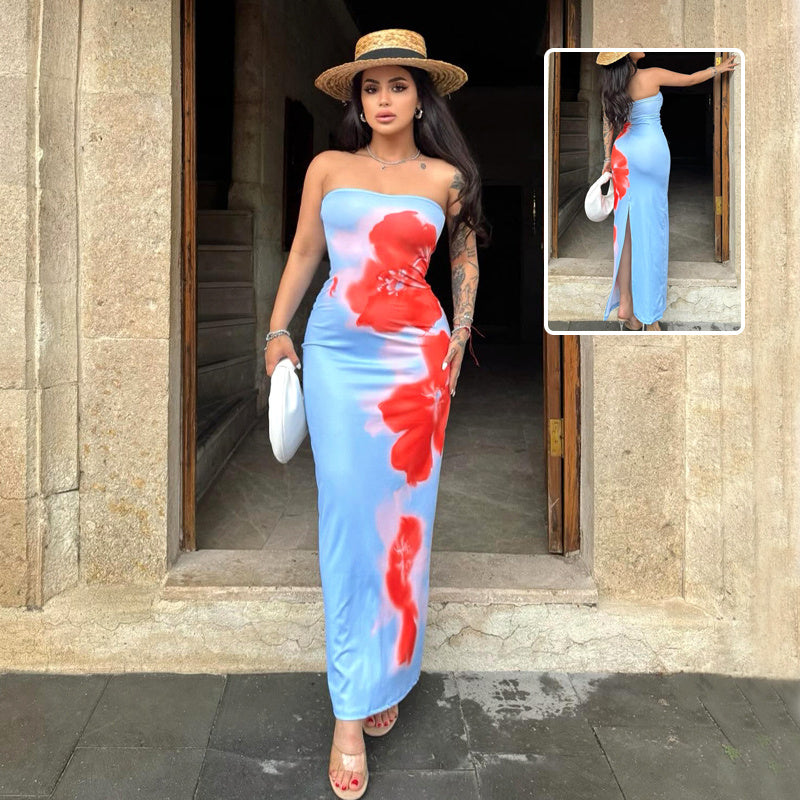 Gabriela Statement Long Dress with a Slit in a Contrasting Color Evening Wear Edit