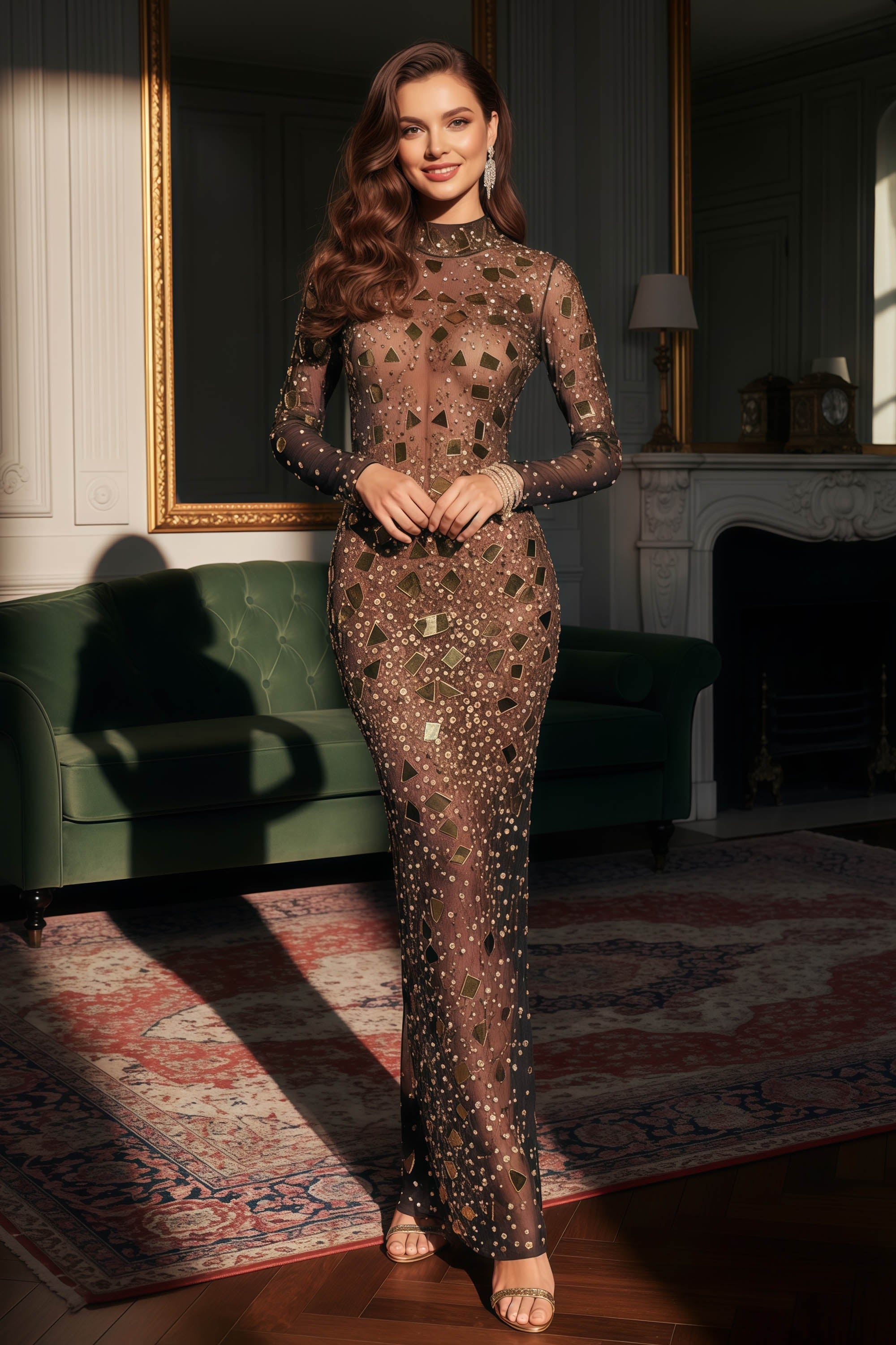 Sheer Mesh Long Sleeve Gown with Metallic Geometric Embellishments