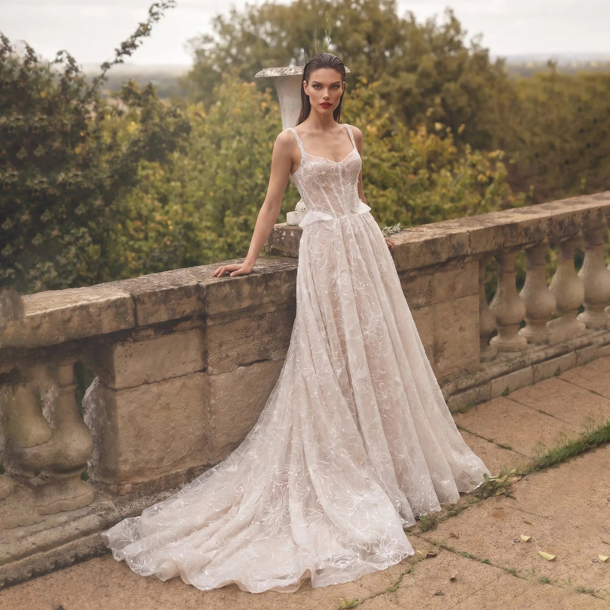 Luxury Ivory Square Neck Corset Lace Tulle A-Line Wedding Dress with Train ZP064 - VelvetHem