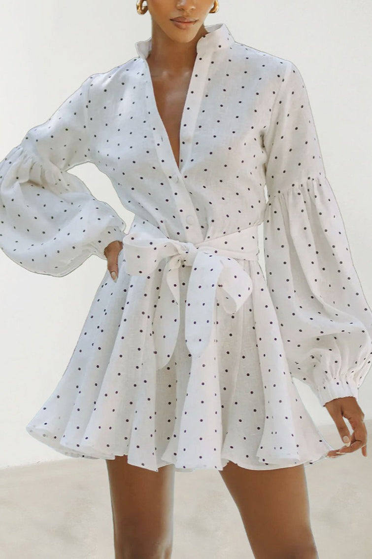 Polka Dot Lantern Sleeve Tie Mini Dress - VelvetHem